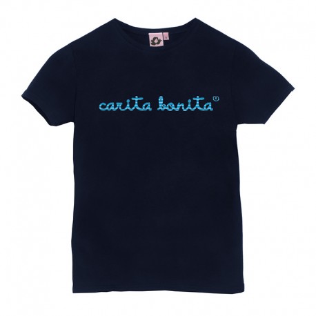 Camiseta manga corta marino letras carita bonita rayas azules