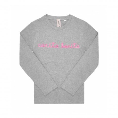 camiseta Infantil gris con letras purpurina en rosa