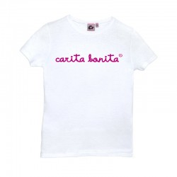 Camiseta manga corta blanca con letras carita bonita en rosa flúor