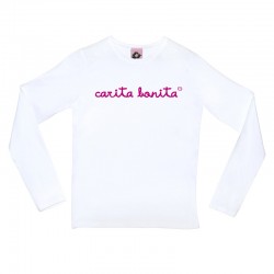 Camiseta manga larga blanca con letras de carita bonita rosa fluor