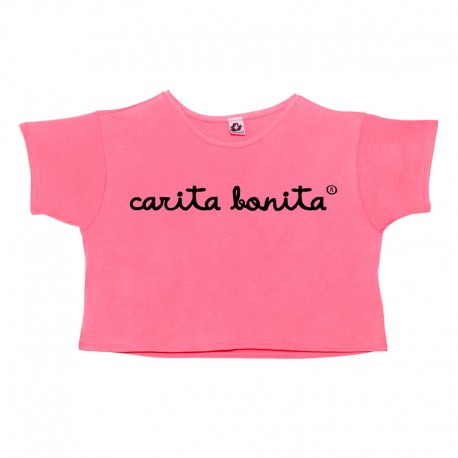 Camiseta boxy manga corta rosa flúor letras carita bonita negras